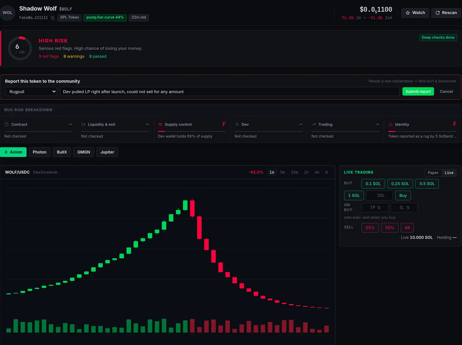 Community rug report form and a finding showing why other users flagged the token