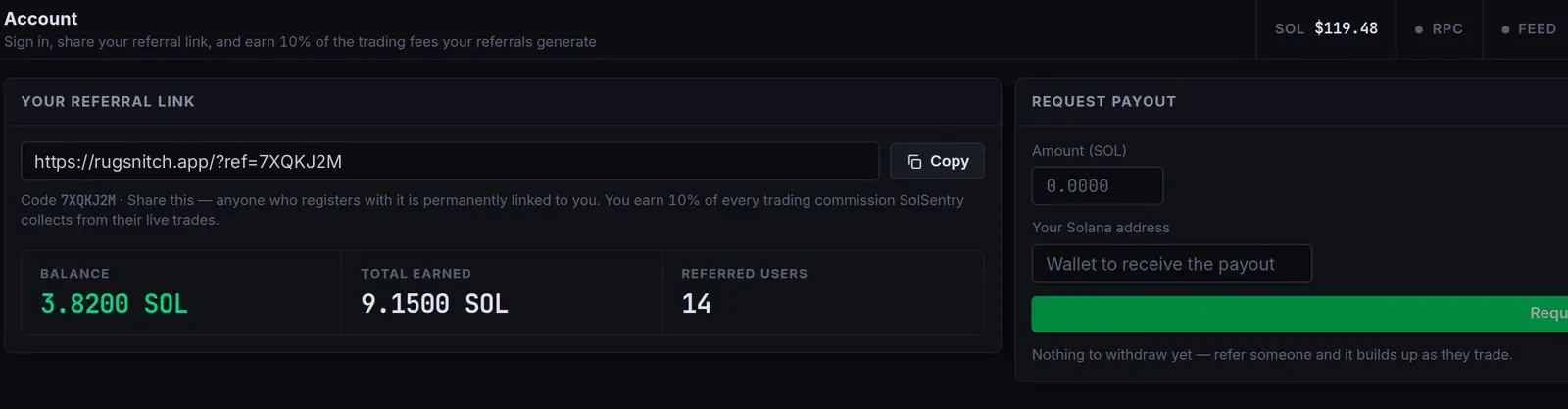 Account page showing a referral link, balance, total earned and a payout request form