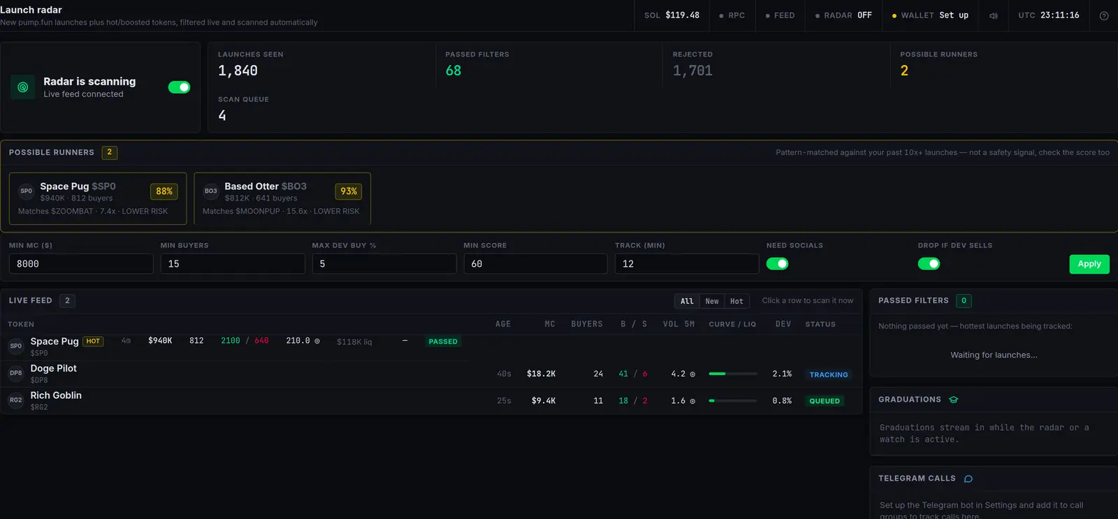 Launch radar with Possible Runners panel and New/Hot live feed tabs